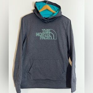 The North Face Hoodie XL Gray Teal Logo Pullover Fleece Sweatshirt Athleisure